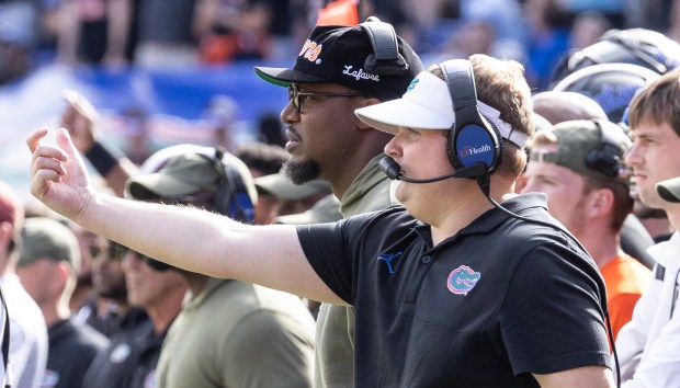 Florida Gators defensive coordinator Austin Armstrong directs his players during the Gators' 39-36 loss to Arkansas Nov. 4 in the Swamp. (Willie J. Allen Jr./Orlando Sentinel)