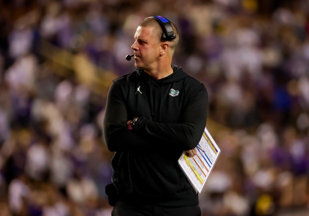 Florida coach Billy Napier stands on the sideline during the Gators' 52-35 loss at LSU Nov. 11 in Baton Rogue. (AP Photo/Derick Hingle)