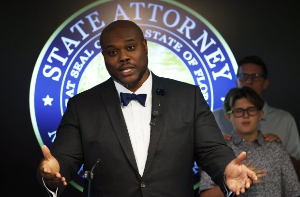 State Attorney Andrew A. Bain holds a press conference on his first 100 days, on Monday, November 13, 2023. (Ricardo Ramirez Buxeda/ Orlando Sentinel)